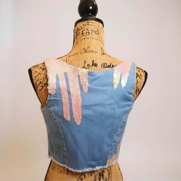 Sugar Thrillz Sequin Bustier Denim Crop Top w/ Zipper Front & Pink Sparkle – S - Picture 6 of 7
